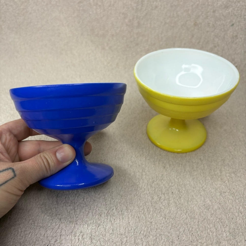 Vintage Glass Ice Cream Dessert Cups Blue & Yellow Set of 2 Pair VTG MCM Retro - Picture 4 of 9